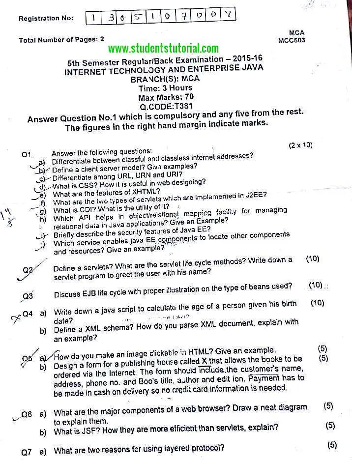 BPUT MCA Internet Technology And Enterprise Java question third year ...